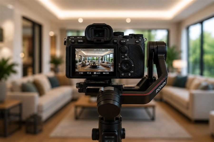 Caméra sur stabilisateur filmant un intérieur